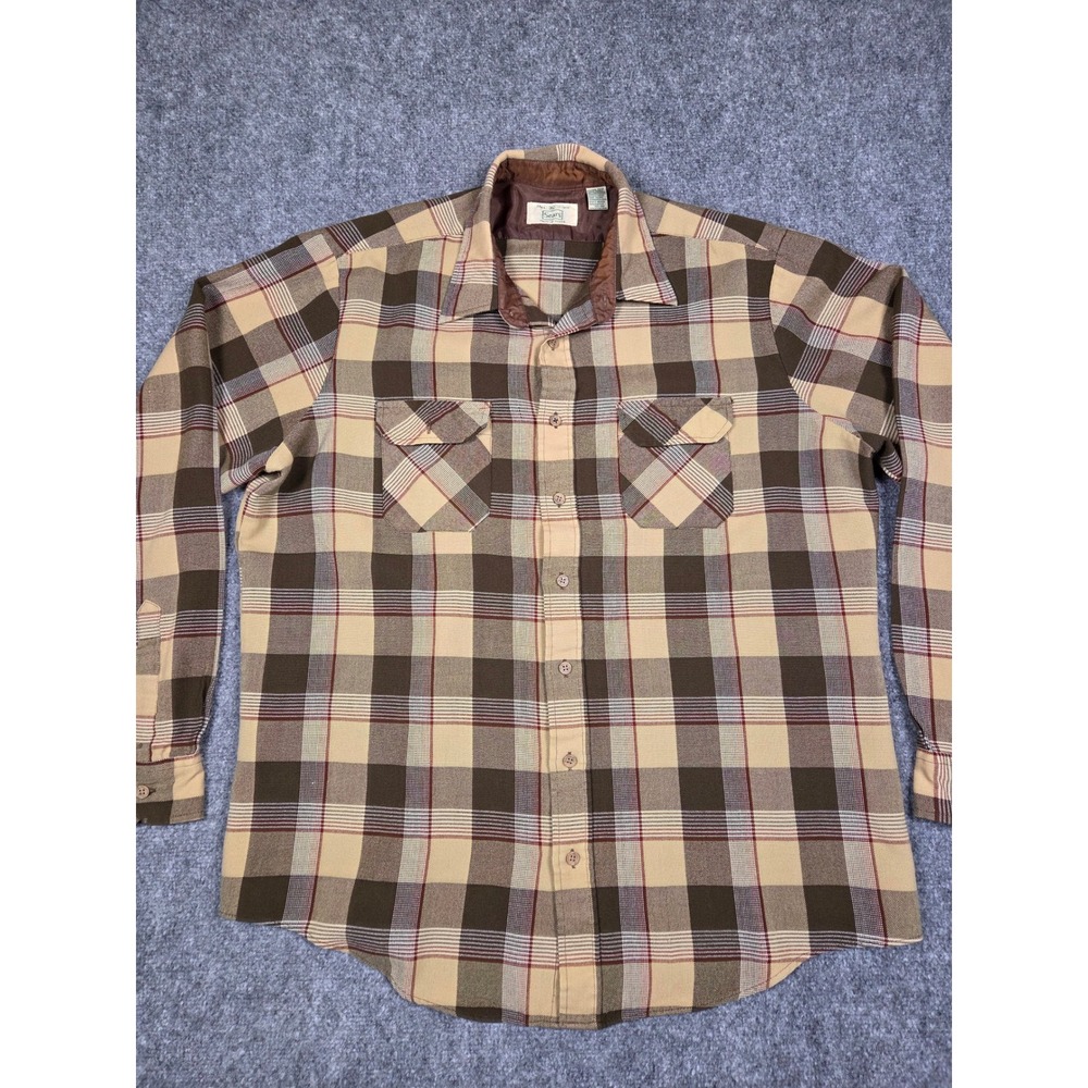 Vintage 70s Sears Shirt Mens XL Tall Plaid Button Down Brown Long Sleeve Flannel